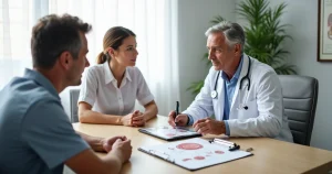 Casal conversa com urologista sobre vasectomia em consultório moderno