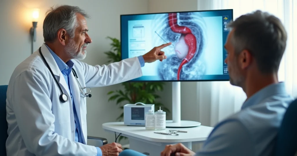 Médico urologista mostrando em tela digital como é feita a cistoscopia para paciente