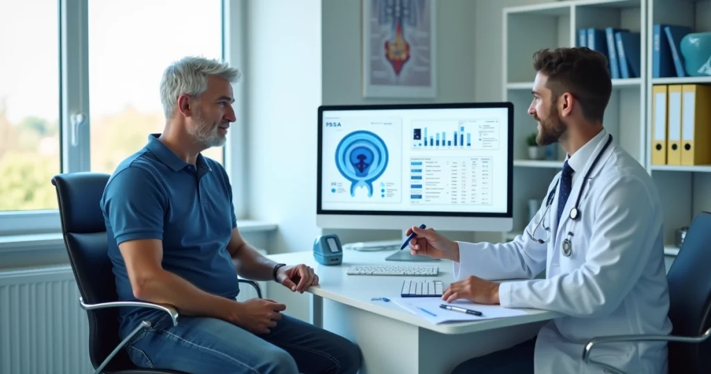 Médico urologista explicando exame de PSA para paciente em consultório