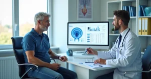 Médico urologista explicando exame de PSA para paciente em consultório