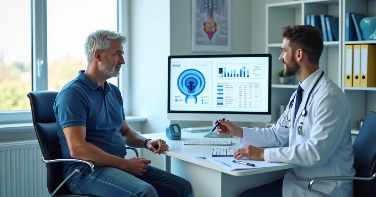 Médico urologista explicando exame de PSA para paciente em consultório
