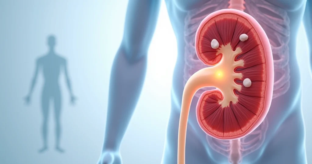 Ilustração realista de rim humano com pedras nos cálices e ureter