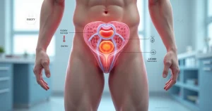 Ilustração médica mostrando testículos e veias dilatadas representando varicocele