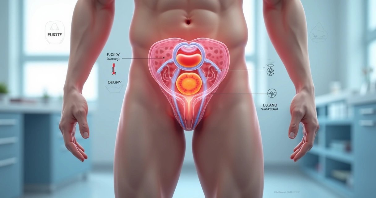 Ilustração médica mostrando testículos e veias dilatadas representando varicocele